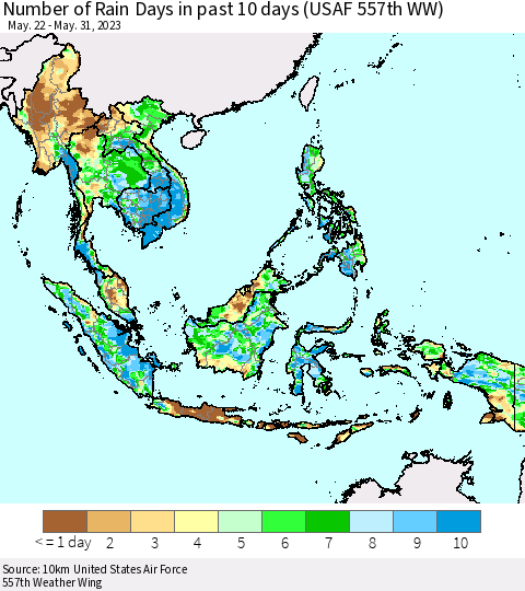 South East Asia Number of Rain Days in past 10 days (USAF 557th WW) Thematic Map For 5/26/2023 - 5/31/2023
