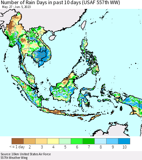 South East Asia Number of Rain Days in past 10 days (USAF 557th WW) Thematic Map For 6/1/2023 - 6/5/2023