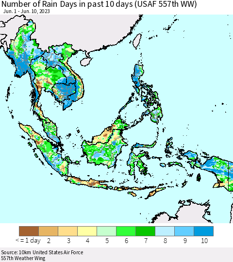 South East Asia Number of Rain Days in past 10 days (USAF 557th WW) Thematic Map For 6/6/2023 - 6/10/2023