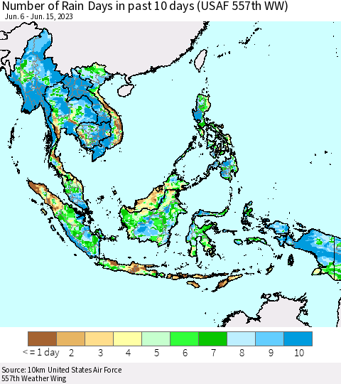 South East Asia Number of Rain Days in past 10 days (USAF 557th WW) Thematic Map For 6/11/2023 - 6/15/2023