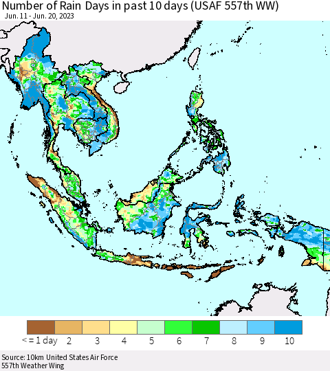 South East Asia Number of Rain Days in past 10 days (USAF 557th WW) Thematic Map For 6/16/2023 - 6/20/2023