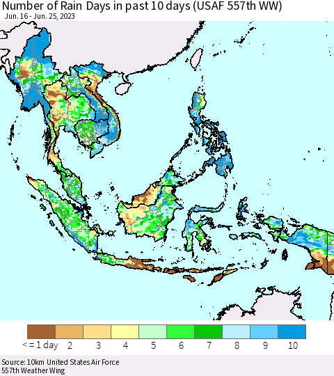 South East Asia Number of Rain Days in past 10 days (USAF 557th WW) Thematic Map For 6/21/2023 - 6/25/2023