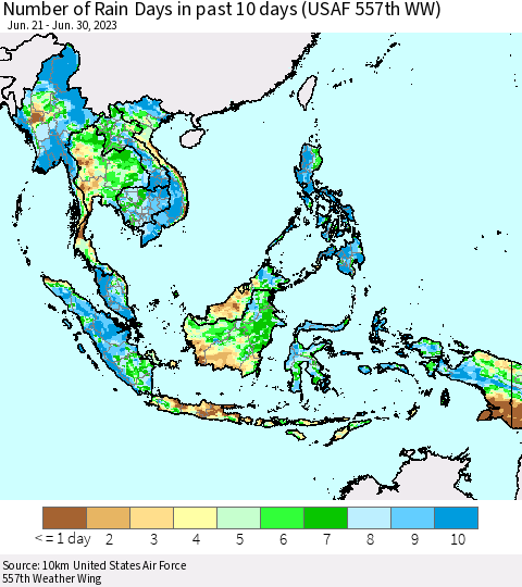 South East Asia Number of Rain Days in past 10 days (USAF 557th WW) Thematic Map For 6/26/2023 - 6/30/2023