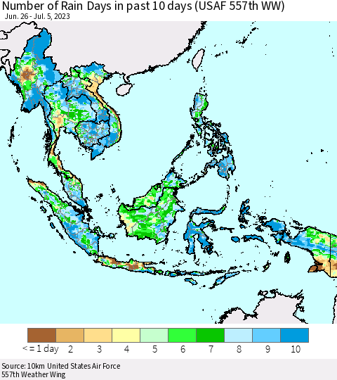 South East Asia Number of Rain Days in past 10 days (USAF 557th WW) Thematic Map For 7/1/2023 - 7/5/2023