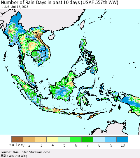 South East Asia Number of Rain Days in past 10 days (USAF 557th WW) Thematic Map For 7/11/2023 - 7/15/2023