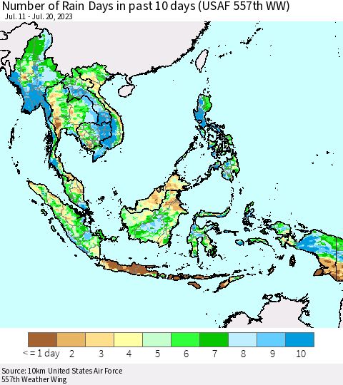 South East Asia Number of Rain Days in past 10 days (USAF 557th WW) Thematic Map For 7/16/2023 - 7/20/2023
