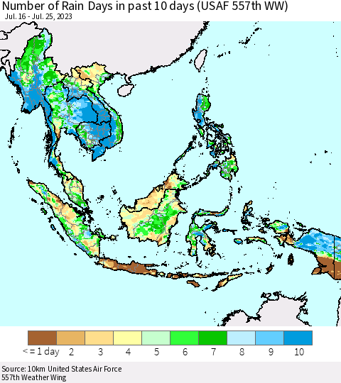 South East Asia Number of Rain Days in past 10 days (USAF 557th WW) Thematic Map For 7/21/2023 - 7/25/2023