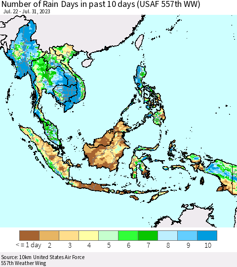 South East Asia Number of Rain Days in past 10 days (USAF 557th WW) Thematic Map For 7/26/2023 - 7/31/2023