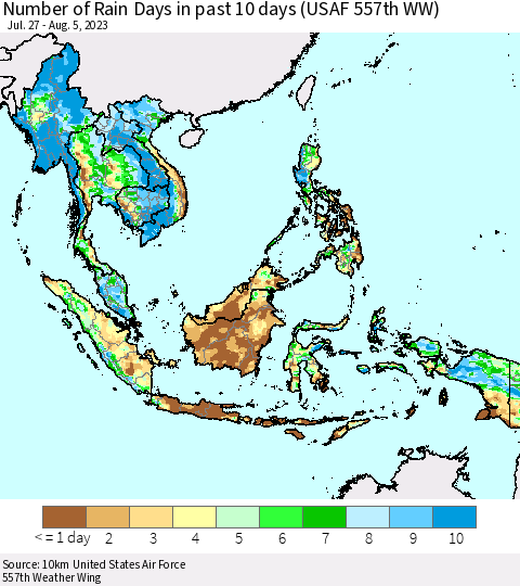 South East Asia Number of Rain Days in past 10 days (USAF 557th WW) Thematic Map For 8/1/2023 - 8/5/2023