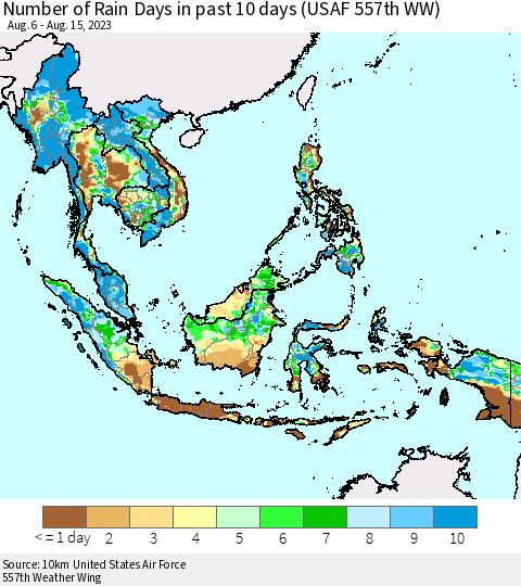 South East Asia Number of Rain Days in past 10 days (USAF 557th WW) Thematic Map For 8/11/2023 - 8/15/2023