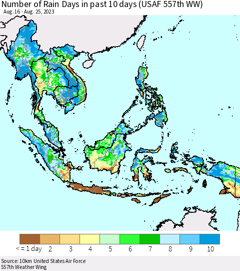 South East Asia Number of Rain Days in past 10 days (USAF 557th WW) Thematic Map For 8/21/2023 - 8/25/2023