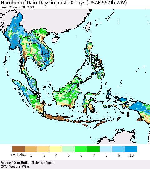 South East Asia Number of Rain Days in past 10 days (USAF 557th WW) Thematic Map For 8/26/2023 - 8/31/2023
