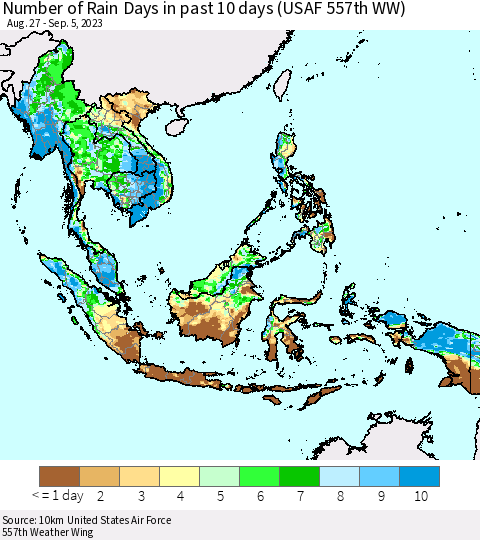 South East Asia Number of Rain Days in past 10 days (USAF 557th WW) Thematic Map For 9/1/2023 - 9/5/2023