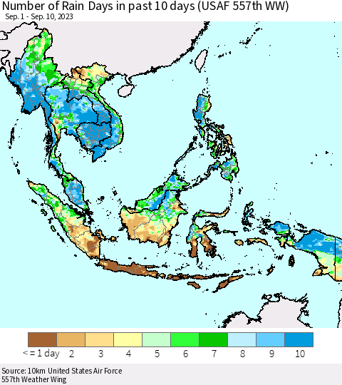 South East Asia Number of Rain Days in past 10 days (USAF 557th WW) Thematic Map For 9/6/2023 - 9/10/2023