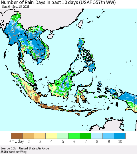 South East Asia Number of Rain Days in past 10 days (USAF 557th WW) Thematic Map For 9/11/2023 - 9/15/2023