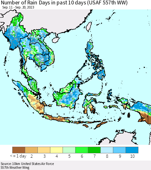 South East Asia Number of Rain Days in past 10 days (USAF 557th WW) Thematic Map For 9/16/2023 - 9/20/2023