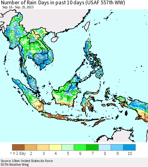 South East Asia Number of Rain Days in past 10 days (USAF 557th WW) Thematic Map For 9/21/2023 - 9/25/2023