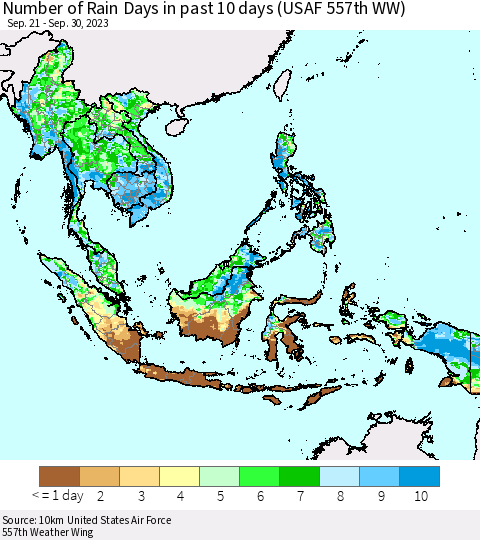 South East Asia Number of Rain Days in past 10 days (USAF 557th WW) Thematic Map For 9/26/2023 - 9/30/2023
