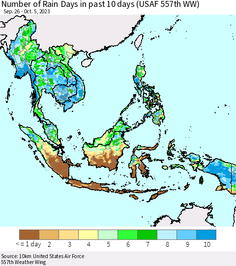 South East Asia Number of Rain Days in past 10 days (USAF 557th WW) Thematic Map For 10/1/2023 - 10/5/2023