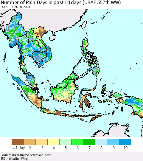 South East Asia Number of Rain Days in past 10 days (USAF 557th WW) Thematic Map For 10/6/2023 - 10/10/2023