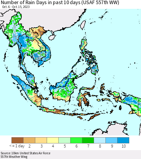 South East Asia Number of Rain Days in past 10 days (USAF 557th WW) Thematic Map For 10/11/2023 - 10/15/2023