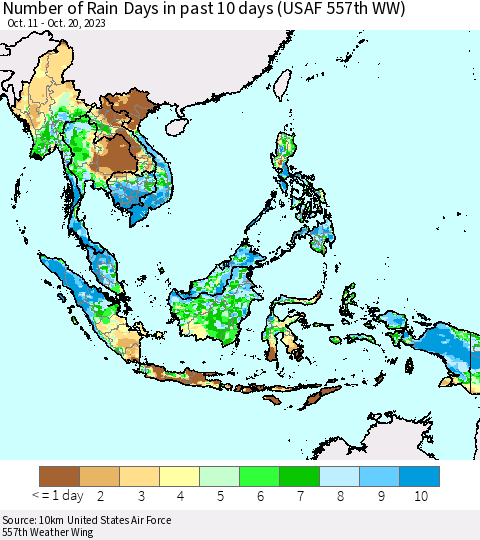 South East Asia Number of Rain Days in past 10 days (USAF 557th WW) Thematic Map For 10/16/2023 - 10/20/2023