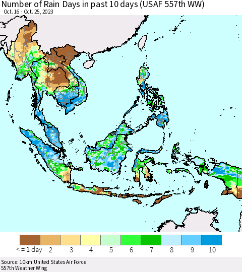 South East Asia Number of Rain Days in past 10 days (USAF 557th WW) Thematic Map For 10/21/2023 - 10/25/2023
