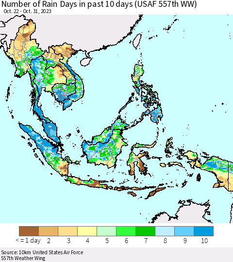 South East Asia Number of Rain Days in past 10 days (USAF 557th WW) Thematic Map For 10/26/2023 - 10/31/2023