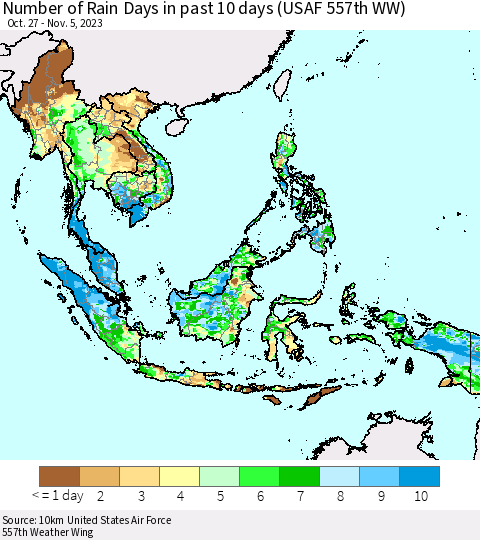 South East Asia Number of Rain Days in past 10 days (USAF 557th WW) Thematic Map For 11/1/2023 - 11/5/2023