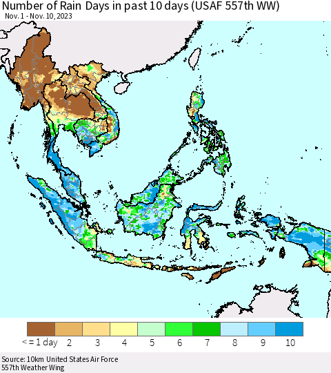South East Asia Number of Rain Days in past 10 days (USAF 557th WW) Thematic Map For 11/6/2023 - 11/10/2023