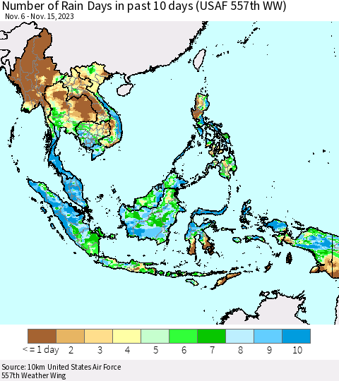 South East Asia Number of Rain Days in past 10 days (USAF 557th WW) Thematic Map For 11/11/2023 - 11/15/2023