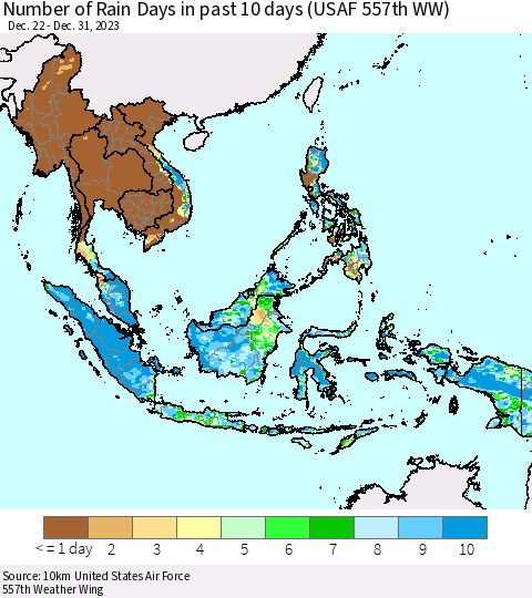 South East Asia Number of Rain Days in past 10 days (USAF 557th WW) Thematic Map For 12/26/2023 - 12/31/2023