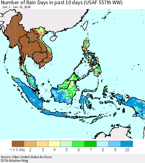 South East Asia Number of Rain Days in past 10 days (USAF 557th WW) Thematic Map For 1/6/2024 - 1/10/2024