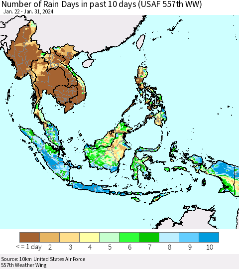 South East Asia Number of Rain Days in past 10 days (USAF 557th WW) Thematic Map For 1/26/2024 - 1/31/2024