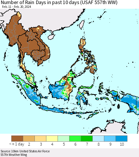South East Asia Number of Rain Days in past 10 days (USAF 557th WW) Thematic Map For 2/16/2024 - 2/20/2024