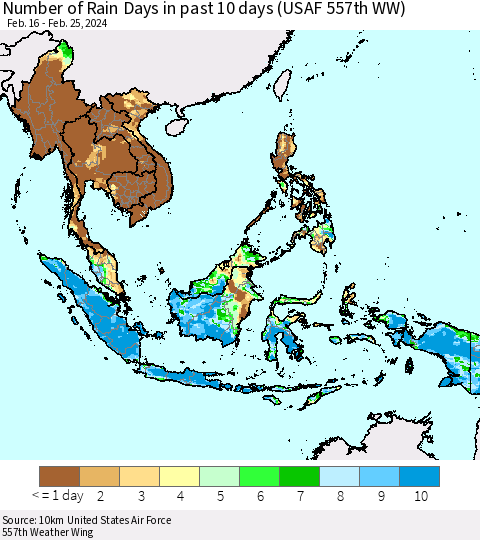 South East Asia Number of Rain Days in past 10 days (USAF 557th WW) Thematic Map For 2/21/2024 - 2/25/2024