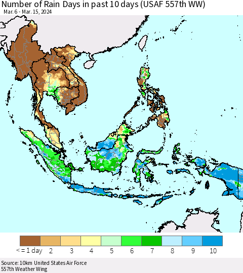 South East Asia Number of Rain Days in past 10 days (USAF 557th WW) Thematic Map For 3/11/2024 - 3/15/2024