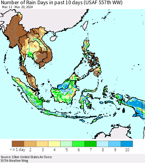 South East Asia Number of Rain Days in past 10 days (USAF 557th WW) Thematic Map For 3/16/2024 - 3/20/2024
