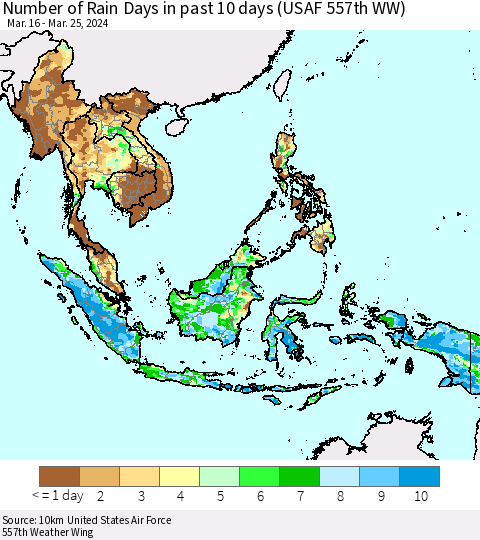 South East Asia Number of Rain Days in past 10 days (USAF 557th WW) Thematic Map For 3/21/2024 - 3/25/2024