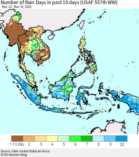 South East Asia Number of Rain Days in past 10 days (USAF 557th WW) Thematic Map For 3/26/2024 - 3/31/2024