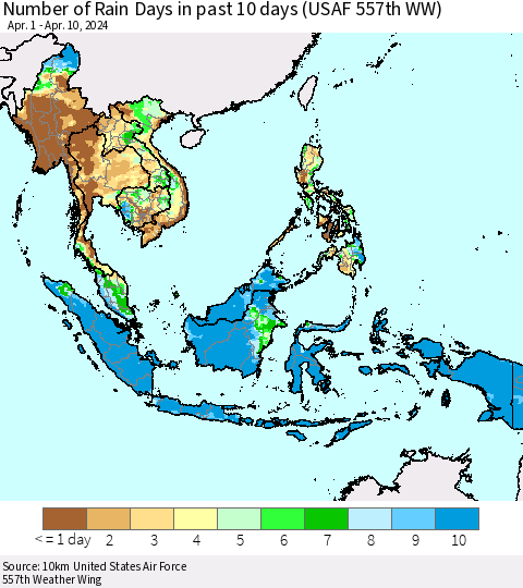 South East Asia Number of Rain Days in past 10 days (USAF 557th WW) Thematic Map For 4/6/2024 - 4/10/2024