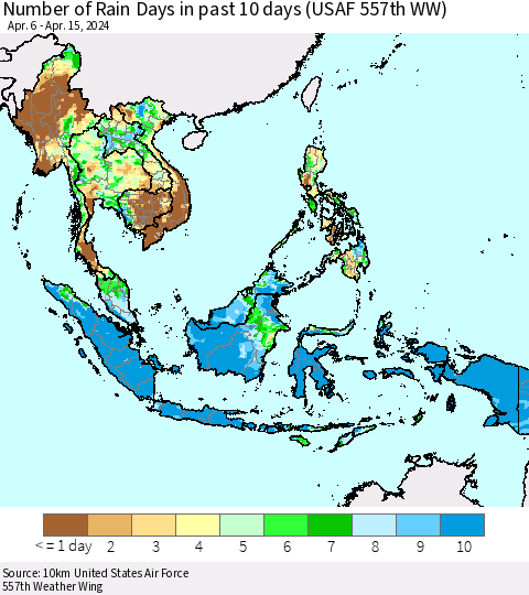 South East Asia Number of Rain Days in past 10 days (USAF 557th WW) Thematic Map For 4/11/2024 - 4/15/2024