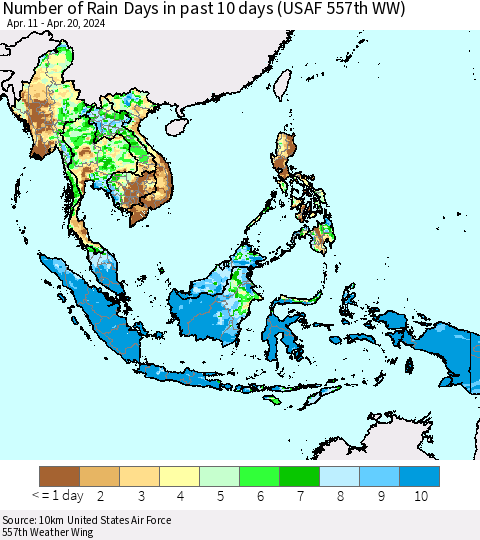 South East Asia Number of Rain Days in past 10 days (USAF 557th WW) Thematic Map For 4/16/2024 - 4/20/2024