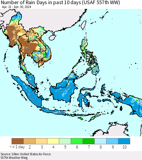 South East Asia Number of Rain Days in past 10 days (USAF 557th WW) Thematic Map For 4/26/2024 - 4/30/2024