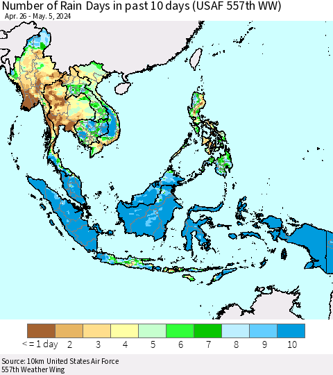 South East Asia Number of Rain Days in past 10 days (USAF 557th WW) Thematic Map For 5/1/2024 - 5/5/2024