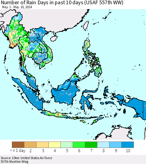 South East Asia Number of Rain Days in past 10 days (USAF 557th WW) Thematic Map For 5/6/2024 - 5/10/2024