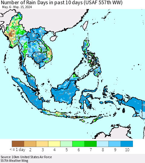 South East Asia Number of Rain Days in past 10 days (USAF 557th WW) Thematic Map For 5/11/2024 - 5/15/2024
