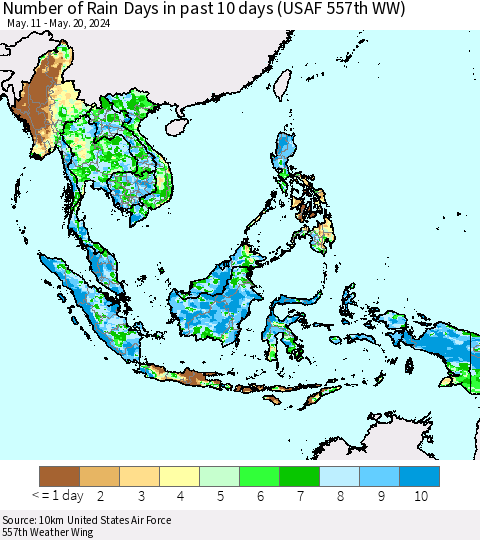 South East Asia Number of Rain Days in past 10 days (USAF 557th WW) Thematic Map For 5/16/2024 - 5/20/2024