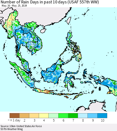 South East Asia Number of Rain Days in past 10 days (USAF 557th WW) Thematic Map For 5/21/2024 - 5/25/2024