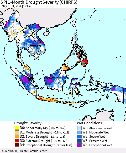 South East Asia SPI 1-Month Drought Severity (CHIRPS) Thematic Map For 5/1/2024 - 5/31/2024